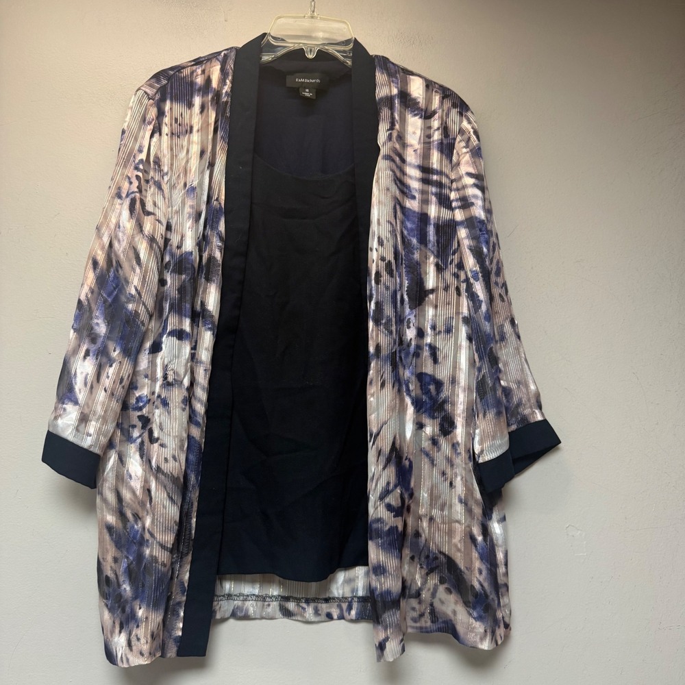 R&M Richards Cardigan Jacket Womens 16 Blue Excellent Abstract Open Front 14388